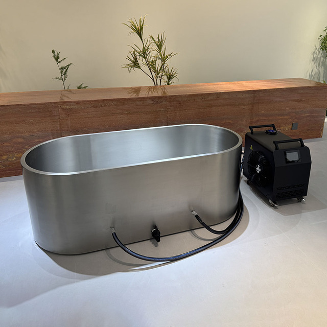 Stainless steel cold plunge tub with chiller system indoor setup